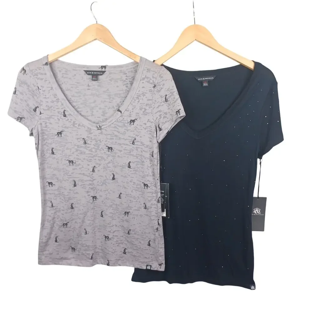 Rock & Republic V-neck Top Lot of Two XS Studded Burnout Grunge Gothic Black NWT